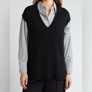 Nordstrom Merino Wool Blend Oversize V-neck Knit Sweater Vest Black Size Large